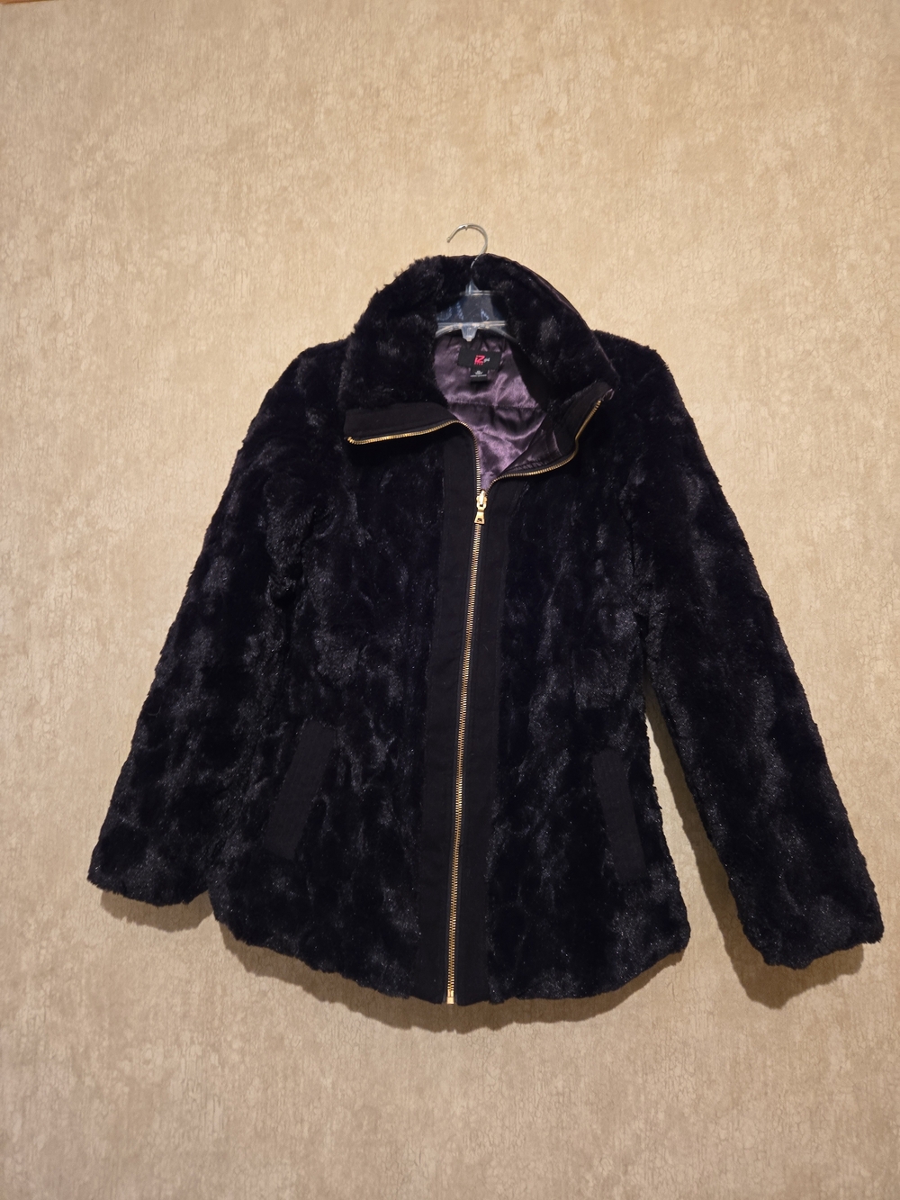 Iz Byer Black Faux Fur Teddy Jacket with Gold Zip